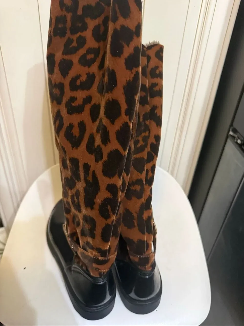 Bamboo Women's Leopard Print Mid-Calf Faux Fur Rain Boots Brown Black Size 8.5